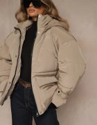 jumelle Jachetă Oversize Bej cu Glugă și cu Cusături Matlasate Unavella