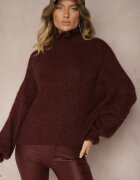 jumelle Maletă Bordo cu Lână și Viscoză Oversize Decorată la Decolteu cu Volănaș Ninnatria
