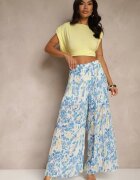 jumelle Pantaloni Albastri cu Talie înaltă decorați cu pliuri și imprimeu floral Folamea