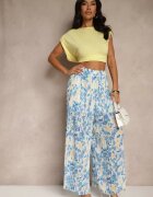 jumelle Pantaloni Albastri cu Talie înaltă decorați cu pliuri și imprimeu floral Folamea