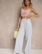 jumelle Pantaloni albaștri din bumbac largi High Waist cu dungi și funde Reivira