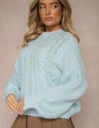 jumelle Pulover Albastru cu Lână cu Model Împletit Elegant Makkaria