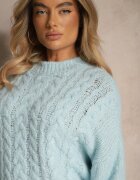 jumelle Pulover Albastru cu Lână cu Model Împletit Elegant Makkaria