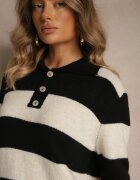 jumelle Pulover Negru cu Dungi cu adaos de lână cu guler și nasturi Tiarresa