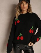 jumelle Pulover Simplu Negru cu Amestec de Lână Decorat cu Aplicație Cireașă Balrinna