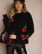 jumelle Pulover Simplu Negru cu Amestec de Lână Decorat cu Aplicație Cireașă Balrinna