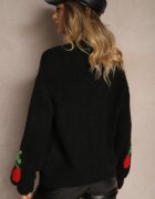 jumelle Pulover Simplu Negru cu Amestec de Lână Decorat cu Aplicație Cireașă Balrinna
