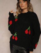 jumelle Pulover Simplu Negru cu Amestec de Lână Decorat cu Aplicație Cireașă Balrinna