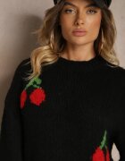 jumelle Pulover Simplu Negru cu Amestec de Lână Decorat cu Aplicație Cireașă Balrinna