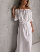 jumelle Rochie Albă Din Bumbac Din Mușelină Legată La Decolteu Cu Cordon Și Elastic În Talie Tasda