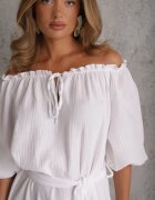 jumelle Rochie Albă Din Bumbac Din Mușelină Legată La Decolteu Cu Cordon Și Elastic În Talie Tasda