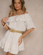 jumelle Rochie Bej din Bumbac Decorată cu Volan Perforat Ranisse
