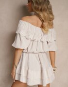 jumelle Rochie Bej din Bumbac Decorată cu Volan Perforat Ranisse