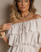 jumelle Rochie Bej din Bumbac Decorată cu Volan Perforat Ranisse