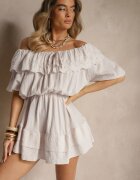 jumelle Rochie Bej din Bumbac Decorată cu Volan Perforat Ranisse