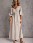 jumelle Rochie Bejă din Bumbac Decorată cu Legătură și Elastic în Talie Wlarina