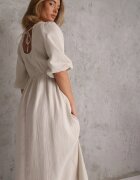 jumelle Rochie Bejă din Bumbac Decorată cu Legătură și Elastic în Talie Wlarina
