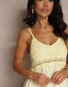 jumelle Rochie Cloș Galbenă din Viscoză și Bumbac cu Dantelă pe Bretele Subțiri Filaniela