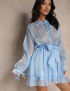 jumelle Rochie Evazată Albastră cu Curea și Legătură Savare