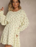 jumelle Rochie Galbenă din Bumbac cu Model de Fundițe și Dungi Avelriti