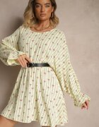 jumelle Rochie Galbenă din Bumbac cu Model de Fundițe și Dungi Avelriti