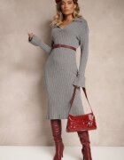 jumelle Rochie Gri Mulată din Tricot Reiat cu Viscoză cu Guler Salivira