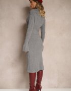 jumelle Rochie Gri Mulată din Tricot Reiat cu Viscoză cu Guler Salivira