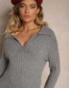 jumelle Rochie Gri Mulată din Tricot Reiat cu Viscoză cu Guler Salivira