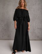 jumelle Rochie neagră de muselină de bumbac legată la decolteu cu curea și elastic în talie Tasda