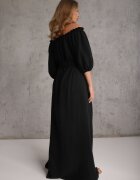 jumelle Rochie neagră de muselină de bumbac legată la decolteu cu curea și elastic în talie Tasda