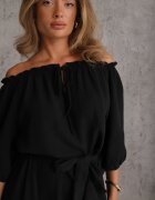 jumelle Rochie neagră de muselină de bumbac legată la decolteu cu curea și elastic în talie Tasda