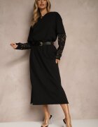 jumelle Rochie neagră din bumbac cu croială tip tricou cu dantelă și șlițuri Tanisla