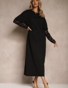jumelle Rochie neagră din bumbac cu croială tip tricou cu dantelă și șlițuri Tanisla