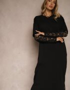 jumelle Rochie neagră din bumbac cu croială tip tricou cu dantelă și șlițuri Tanisla