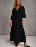jumelle Rochie Neagră din Bumbac Decorată cu Legătură și Elastic în Talie Wlarina