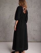 jumelle Rochie Neagră din Bumbac Decorată cu Legătură și Elastic în Talie Wlarina