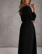 jumelle Rochie Neagră din Bumbac Decorată cu Legătură și Elastic în Talie Wlarina