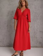 jumelle Rochie Roșie din Bumbac Decorată cu Legătură și Elastic în Talie Wlarina