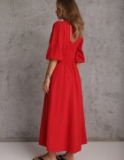 jumelle Rochie Roșie din Bumbac Decorată cu Legătură și Elastic în Talie Wlarina