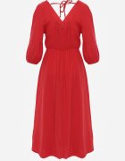 jumelle Rochie Roșie din Bumbac Decorată cu Legătură și Elastic în Talie Wlarina