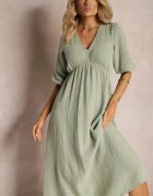 jumelle Rochie Verde închis din bumbac Decorată cu legătură și cu elastic în talie Wlarina