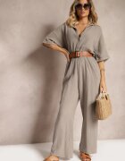 jumelle Salopetă Bej închis Cintrată din bumbac cu bluză tip cămașă și pantaloni largi Namsorin