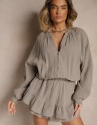 jumelle Salopetă Bej închis din Bumbac cu Fustă-Pantaloni scurți și Nasturi și Elastic în Talie Vimatthea