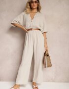 jumelle Salopetă Bej Taliată din Bumbac cu Partea de Sus tip Cămașă și Pantaloni Largi Namsorin
