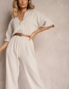 jumelle Salopetă Bej Taliată din Bumbac cu Partea de Sus tip Cămașă și Pantaloni Largi Namsorin