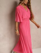 jumelle Salopetă Fucsia cu Decolteu Petrecut și Talie Elastică Decorată cu Pliuri Amadle