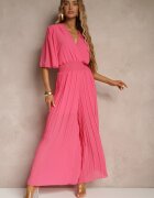 jumelle Salopetă Fucsia cu Decolteu Petrecut și Talie Elastică Decorată cu Pliuri Amadle