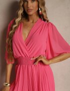 jumelle Salopetă Fucsia cu Decolteu Petrecut și Talie Elastică Decorată cu Pliuri Amadle