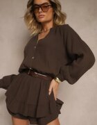jumelle Salopetă Maro din bumbac cu fustă-pantaloni scurți și nasturi și elastic în talie Vimatthea