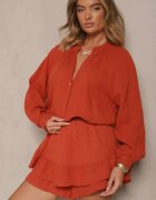 jumelle Salopetă Portocalie din Bumbac cu Fustă-Pantalon și Nasturi și Elastic în Talie Vimatthea
